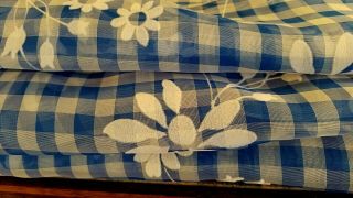 Vintage Flocked Flowers On Sheer Blue White Gingham Checks Fabric 44 " W X 2 Yds