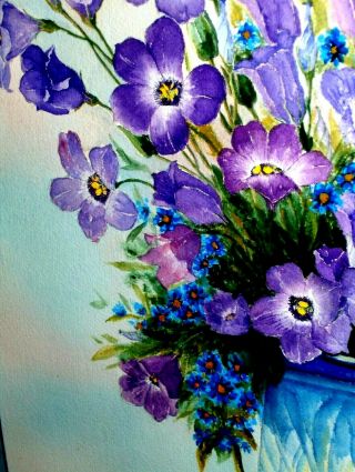 Vintage Adamson Blue Purple Flowers In Vase W/c Still Life Painting