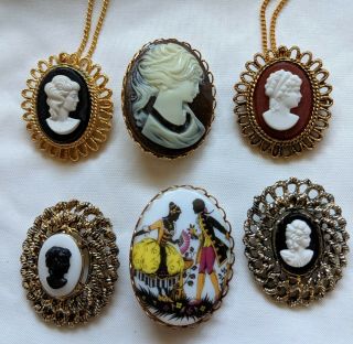Set Of 4 Vintage Cameo Brooch Pin Lady Head And Victorian Nos