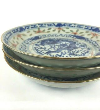 3 Vtg Chinese Porcelain Translucent Rice Grain Bowls Dishes Blue White Dragon