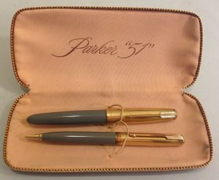 Vintage Parker 51 Pen & Mechanical Pencil Set Cased 14k Gold Filled Jeweled Caps