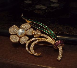 Vintage Large Flower Brooch Emerald Green & Amethyst Crystal & Pearl.  Gabbana