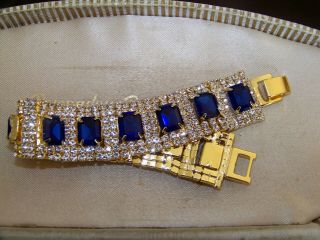 GORGEOUS JEWELLERY SAPPHIRE & CLEAR RHINESTONE ART DECO GOLD COCKTAIL BRACELET 5