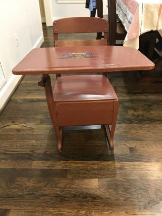 Vintage Student wooden chair attached desk combo storage bin school house learn 3