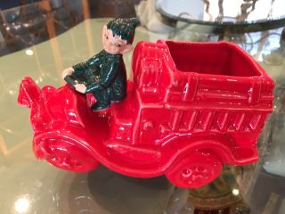 Rare Vintage Gilner Pixie Elf Driving Red Fire Truck/engine Planter Pottery Ca