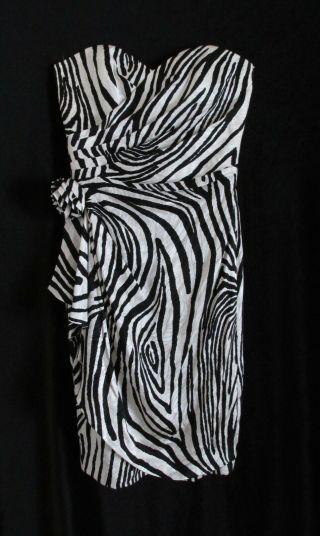 Vtg 1990s Dynasty A.  J.  Bari Zebra Black White Ruched Side Flower Bow Wiggle Dress
