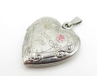 925 Sterling Silver - Vintage I Love You Heart Locket Pendant (OPENS) - P5819 2