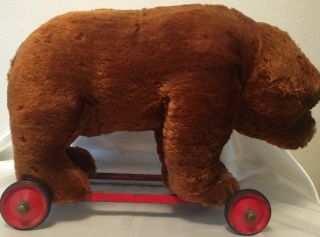 Antique Vintage Mohair Bear Pull Toy On Tin Wheels - Possibly Steiff? 6