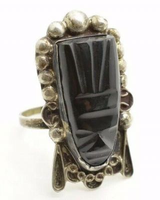 Vintage Mexico Sterling Silver Ring Carved Black Onyx Aztec Face Huge Statement