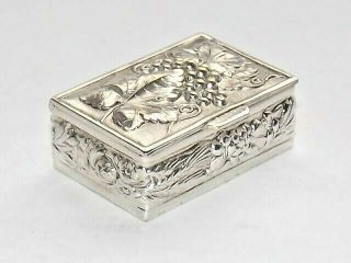 Delightful Vintage Solid Silver Pill Box Embossed Grape Vine High Relief C1970