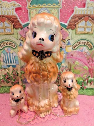 Vtg Curly Hair Apricot Poodles W Gold Rhinestones Set Of 3 Mama W Pups On Chains