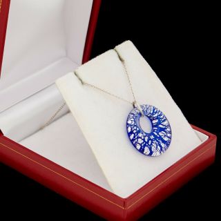 Vintage Designer Sterling 925 Silver Dichroic Glass Blue Disc Pendant Necklace