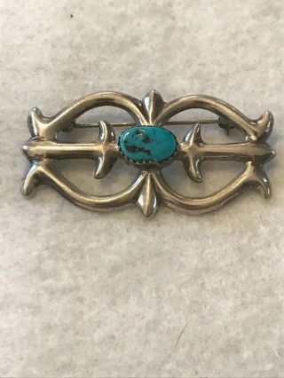 Vintage Sand Cast Native American Sterling Silver Turquoise Pin Brooch