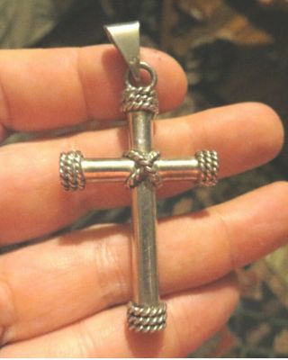 Mexico Sterling Silver Large Cross Pendant Twisted Rope Details,  Nautical Marine