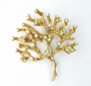 Vintage Gold Tone Metal Coral Branch Brooch With Rhinestones And Faux Pearls 9j