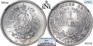 Ini German Empire,  1 Mark,  1874 E,  Rare,  Ngc Ms 64