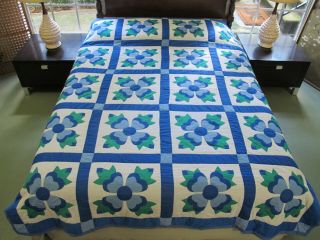 Gently Vintage Hand Quilted All Cotton Blue,  Green Ohio Rose Applique Quilt