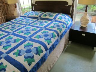 Gently Vintage Hand Quilted All Cotton Blue,  Green OHIO ROSE Applique Quilt 2