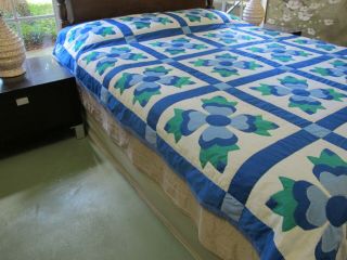 Gently Vintage Hand Quilted All Cotton Blue,  Green OHIO ROSE Applique Quilt 3