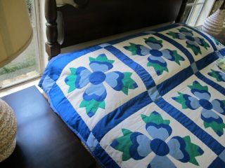 Gently Vintage Hand Quilted All Cotton Blue,  Green OHIO ROSE Applique Quilt 4
