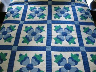 Gently Vintage Hand Quilted All Cotton Blue,  Green OHIO ROSE Applique Quilt 5