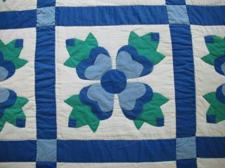 Gently Vintage Hand Quilted All Cotton Blue,  Green OHIO ROSE Applique Quilt 6