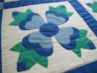 Gently Vintage Hand Quilted All Cotton Blue,  Green OHIO ROSE Applique Quilt 7