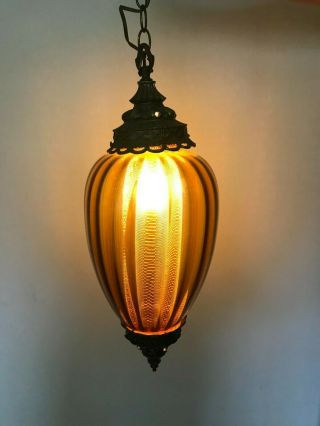 Vintage Retro Amber Ribbed Glass Hanging Globe Lamp 60 