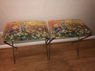 Vintage Matching Metal Tv Table Trays Set Of 2 Lavada Signed Floral Motif