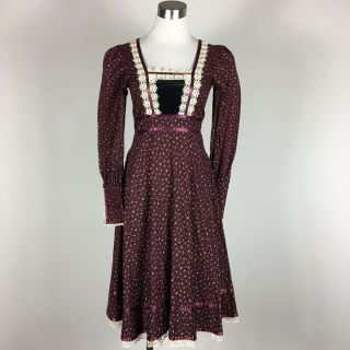 Gunne Sax Prairie Dress Vtg 70s Size 5 Burgundy Floral Lace Ribbon Side Pockets