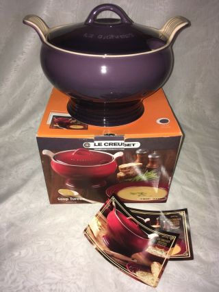 Rare Purple Le Creuset Large 3 Qt Soup Tureen Cassis W/ Recipe Cards