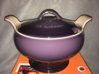 RARE Purple Le Creuset Large 3 QT Soup Tureen Cassis w/ Recipe Cards 2