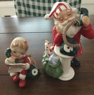 Vintage Christmas Figurine Set/2 Boy On Phone Reading Wish List To Santa