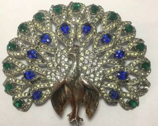 Xl Statement Art Deco Vintage Peacock Pin C 1930s Blue Green Glass Crystal Pave