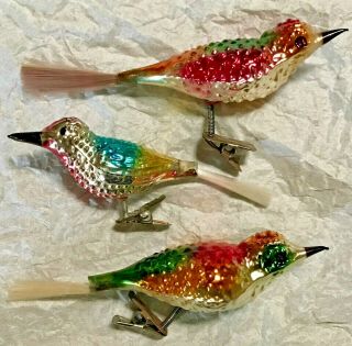 Antique Vtg 3 Colorful Bumpy Song Birds On Clip Glass German Christmas Ornaments