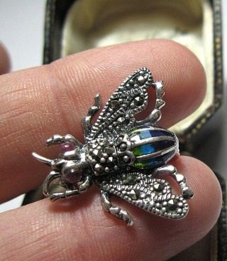 Solid Silver Vintage Style Jewellery Plique A Jour Marcasite Bee Pin Brooch