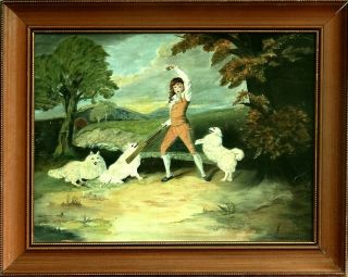 Rare Ca.  1960 19th Cy Girl W/dogs Playing Cricket Painting Oil/canvas/frame Sgnd