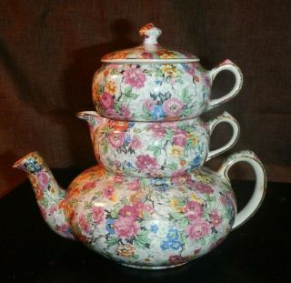 Lord Nelson Ware Chintz Bcm Pottery Stacker Teapot Set Marina England Vtg