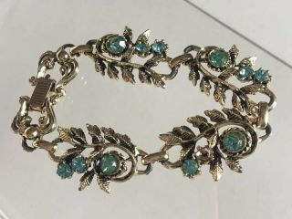 Vintage 1950 ' s CORO Blue AB Rhinestone Antiqued Gold Floral Leaf Link Bracelet 2