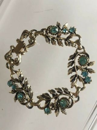 Vintage 1950 ' s CORO Blue AB Rhinestone Antiqued Gold Floral Leaf Link Bracelet 3