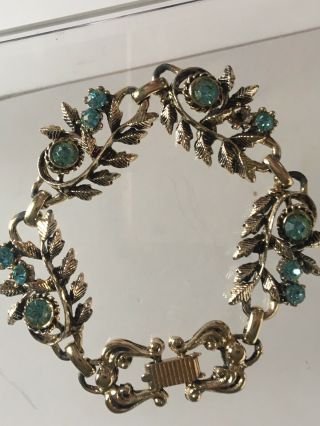 Vintage 1950 ' s CORO Blue AB Rhinestone Antiqued Gold Floral Leaf Link Bracelet 5