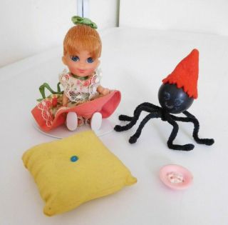 Vintage Kiddle " Liddle Middle Muffet " W/ Spider,  Pillow,  Dish