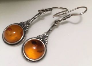 Vintage Art Nouveau Style Sterling Silver And Real Amber Earrings