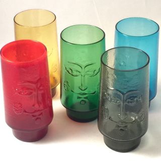 Vintage Embossed Face Glass Tumblers Red Blue Green Yellow Smoke Rare