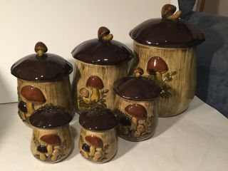 Vintage 1972 Mushroom Canister Set With Salt & Pepper Shakers,  Ceramic Pottery