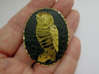 Vintage Adorable Unusual Jet Gold Gilt Owl Wildlife Brooch Pin