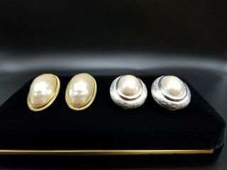 Set Of 2 Signed Givenchy Faux Pearl Clip On Earrings -