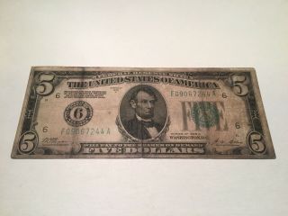 VINTAGE numerical 6 $5 FEDERAL RESERVE NOTE 1928 - A FIVE DOLLARS ATLANTA GREEN 2