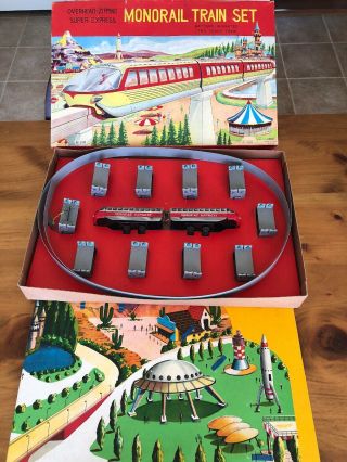 Rare Haji Battery Operated Tin Monorail Train Set Japan 2806