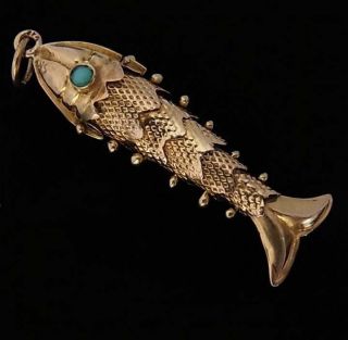 Vintage 9ct Gold Articulated Fish Charm / Pendant With Turquoise Eyes